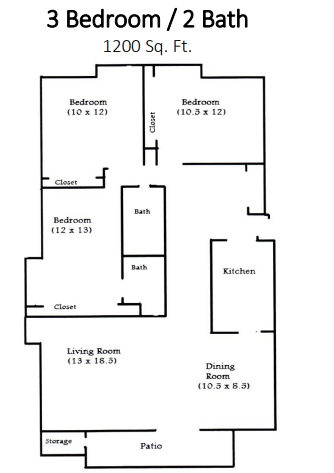 Floor plan for 3 beds, 2 baths, 1200 sqft